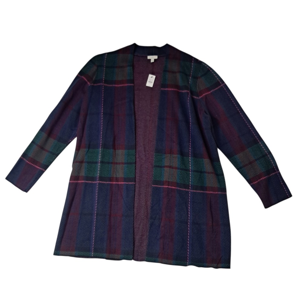 NWT Talbots Cardigan Sweater Womens 1X Blue Plaid Open Front Longline Preppy